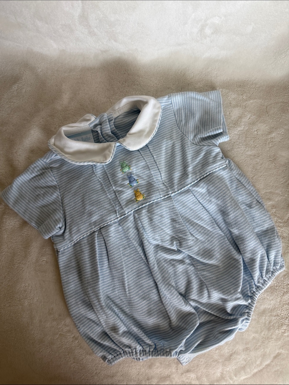 Spring Striped Baby Romper with Embroidered Bunnies - White Collar